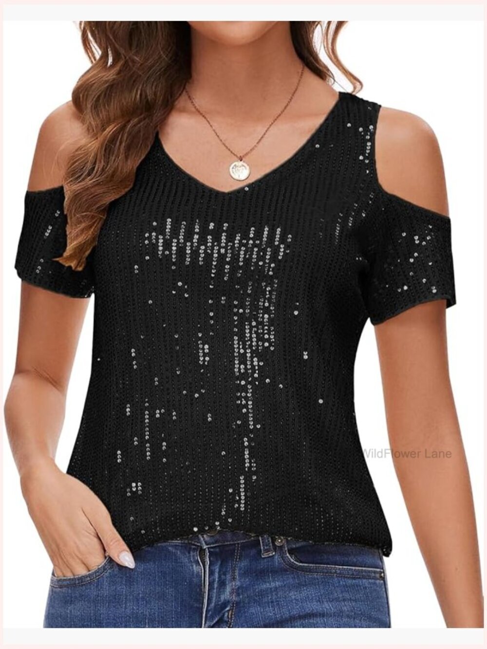 Women Sequined Cold Shoulder Top Short Sleeve Sparkly Blouse